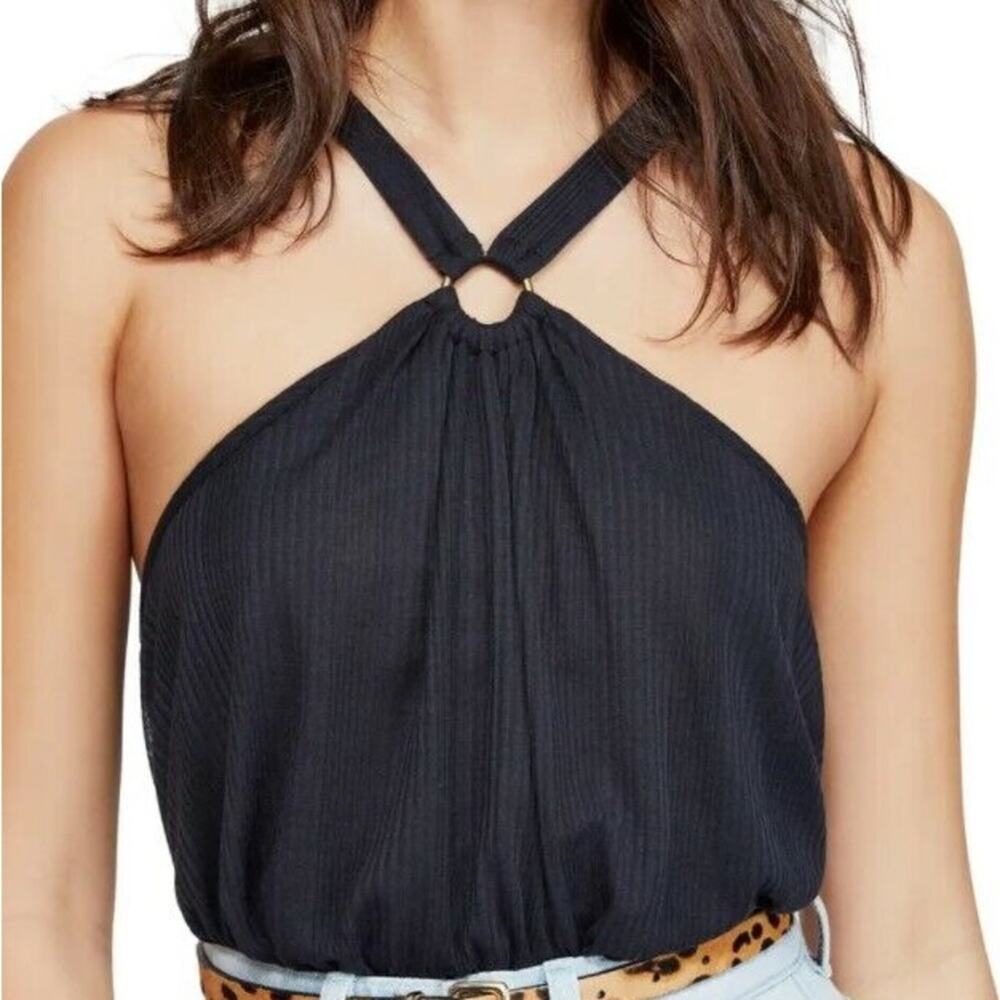 Free People Just A Fling Black O Ring Halter Ribbed Blouse Size Medium